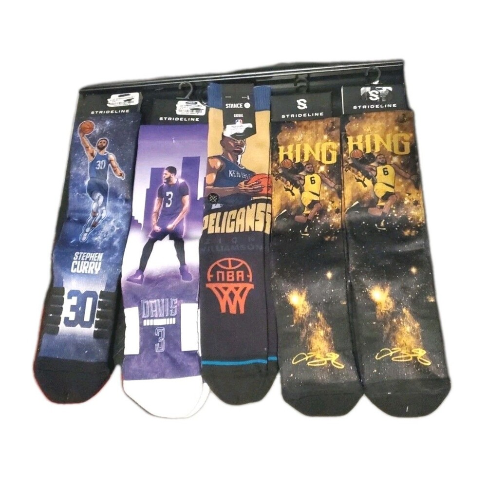 Lot Of 5 NBA Lebron Curry Davis Pelicans Galaxy Basketball Socks Mens Large Nwt
